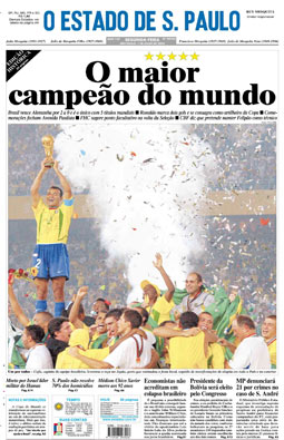 Primeira página sobre a vitória do Brasil na Copa do Mundo de 2002