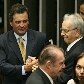 Os senadores Aecio Neves,Itamar Franco e Jose Sarney no Senado durante a cerimonia de posse