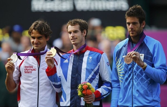 Os três medalistas - Roger Federer (prata), Andy Murray (ouro) e Juan Martín Del Potro (bronze)
