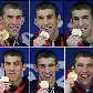 Michael Phelps segura cada uma das oito medalhas conquistadas nas Olimpíadas de Pequim 2008.