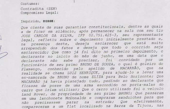 Trechos do depoimento do menor J. Que teria participado do sumiço de Eliza Samudio
