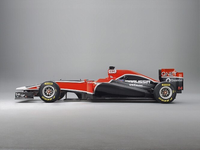 Vista lateral do Marussia Virgin MVR-02, carro da dupla Glock/D