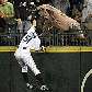 Ichiro Suzuki, do Seattle Mariners, disputa bola com torcedor em jogo da MLB