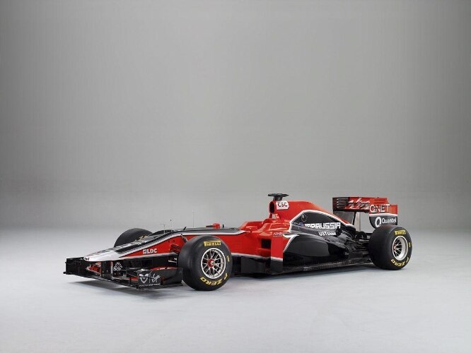 Vista lateral do novo Marussia Virgin MVR-02, carro da dupla Glock/D