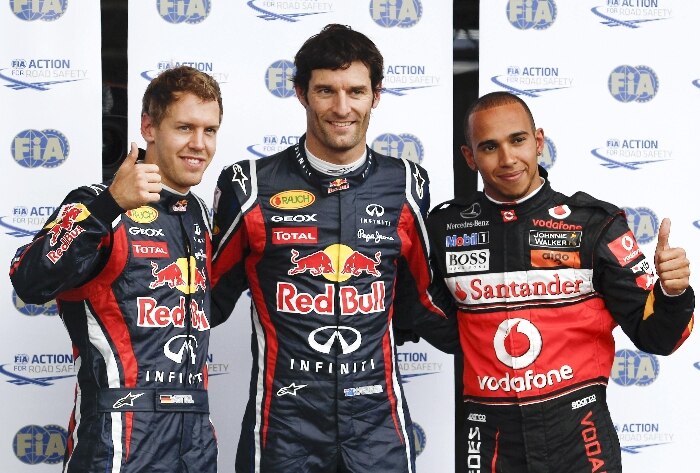 Webber comemora, entre Vettel e Hamilton, a pole para o GP da Alemanha
