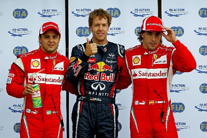 Vettel comemora a pole no GP do Canadá ao lado de Massa e Alonso