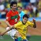 Nilmar, do Brasil, tenta se desvencilhar da marcação do português Tiago Nilmar, do Brasil, tenta se desvencilhar da marcação do português Tiago