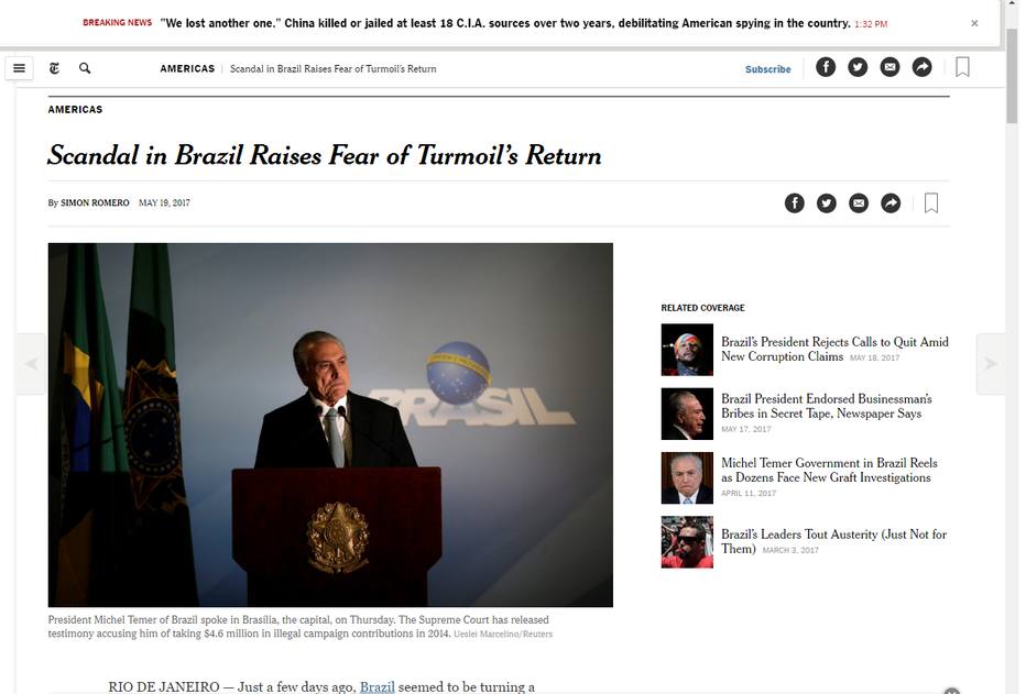 Capa do New York Times diz que escândalo no Brasil eleva temor de