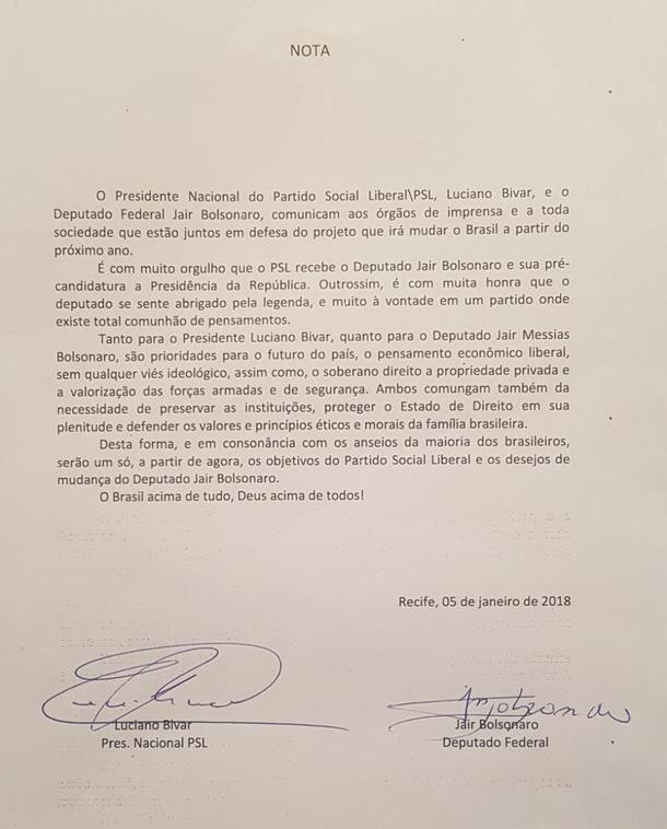 Bolsonaro será candidato pelo PSL