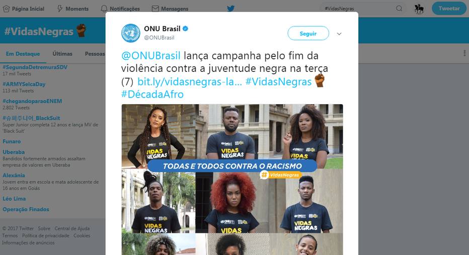 ONU lan&ccedil;a campanha para combater viol&ecirc;ncia contra jovens negros