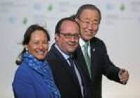 A ministra do Meio Ambiente da França, Segolene Royal, o presidente francês, François Hollande, e o secretário-geral da ONU, Ban Ki-moon