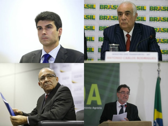 Da esquerda para a direita, no sentido horário: Helder Barbalho (PMDB-PA, da Pesca e Aquicultura; Antonio Carlos Rodrigues (PR-SP),&nbsp;dos Transportes; Eliseu Padilha (PMDB-RS), da&nbsp;Casa Civil; e Patrus Ananias (PT-MG), do Desenvolvimento Agrário