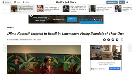 'Dilma Rousseff alvo no Brasil de legisladores que enfrentam seus próprios escândalos', é o título da matéria