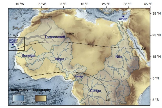 O mapa mostra em azul as principais bacias fluviais atuais da África - do Nilo, do Congo, do Níger e do Senegal. Em cinza, aparece a provável extensão do rio Tamanrasett, onde hoje está a parte ocidental do deserto do Saara.
 