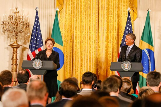Presidente&nbsp;Dilma Rousseff durante declaração à imprensa com o presidente dos Estados Unidos da América, Barack Obama.
