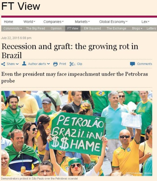 Título do editorial: 'Recessão e politicagem: a crescente podridão no Brasil'