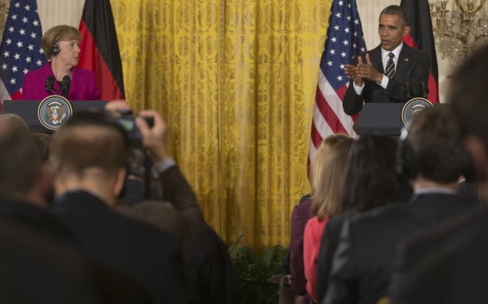 Chanceler alemã Angela merkel e o presidente americano, Barack Obama, em conferência realizada no último sábado, na casa Branca. Obama não descarta enviar armamentos letais para as forças ucranianas