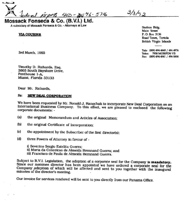 Documento da offshore de Sérgio Guerra e sua esposa