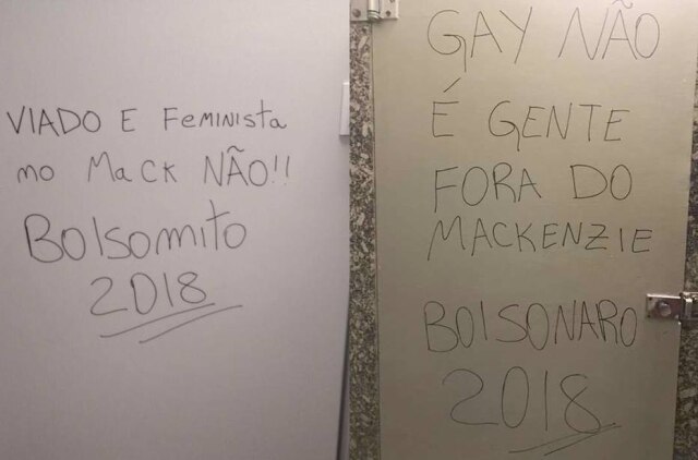 Pichações homofóbicas e machistas nas portas de banheiros do Mackenzie