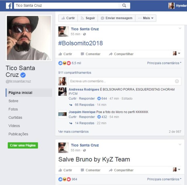 Reprodução Redes sociais de Tico Santa Cruz foram hackeadas.