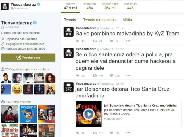 Reprodução Redes sociais de Tico Santa Cruz foram hackeadas.