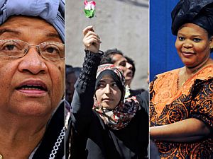 A presidente da Lib&eacute;ria, Ellen Johnson-Sirleaf (na foto &agrave; esquerda), e as ativistas Leymah Gbowee, liberiana (na foto &agrave; direita), e Tawakul Karman, do I&ecirc;men (no centro) - AP