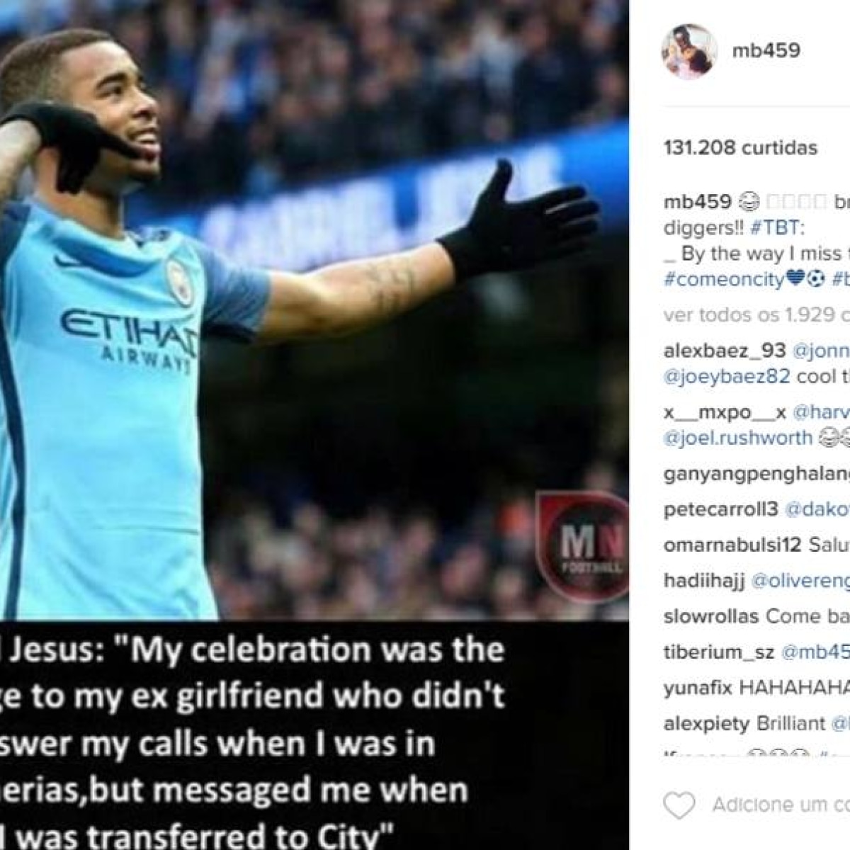 Sem Moral Gabriel Jesus E Citado Por Mario Balotelli Em Rede Social Futebol Fera