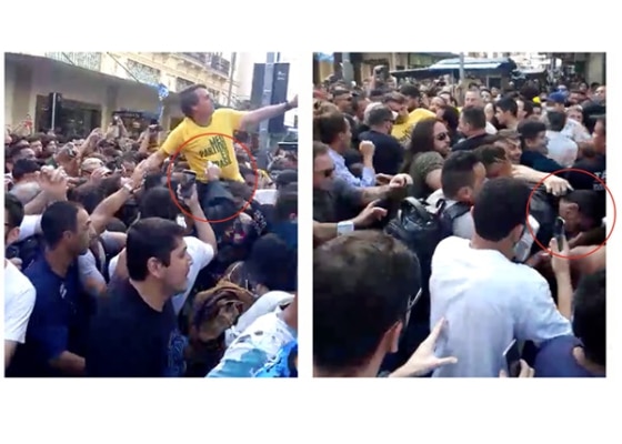 Jair Bolsonaro foi esfaqueado durante agenda de campanha em Juiz de Fora (esq.); suspeito Ã© preso (dir.). Foto: ReproduÃ§Ã£o/Redes Sociais