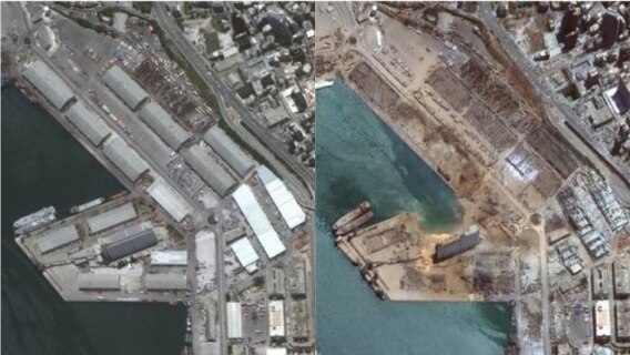 Imagem do porto de Beirute em 9 de junho, antes do desastre, em 5 de agosto, após as explosões Foto: SATELLITE IMAGE 2020 MAXAR TECHNOLOGIES/AFP