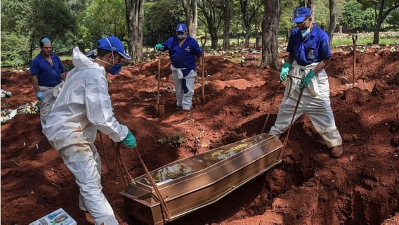 Funcionários enterram pessoa que supostamente morreu por coronavírus em São Paulo - Foto: Nelson Almeida/AFP