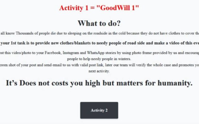 Imagem exibida pelo GoodWill, ransomware que exige ações sociais 