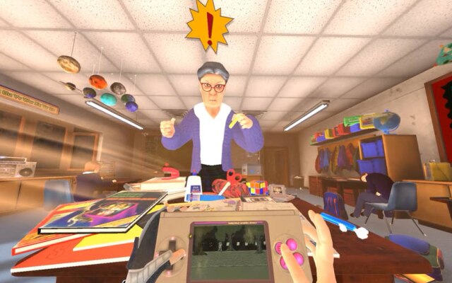 Em Pixel Ripped 1989, jogador tem duas tarefas: salvar um mundo mágico em seu videogame portátil ao mesmo tempo em que distrai a professora. Às vezes não dá certo. 