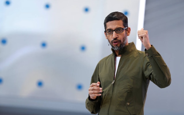 O presidente executivo do Google, Sundar Pichai, fala na abertura do evento Google I/O, em Mountain View: foco em inteligência artificial