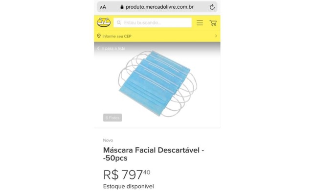 Kit com 50 máscaras era vendido a R$ 800 no MercadoLivre; anúncio foi removido