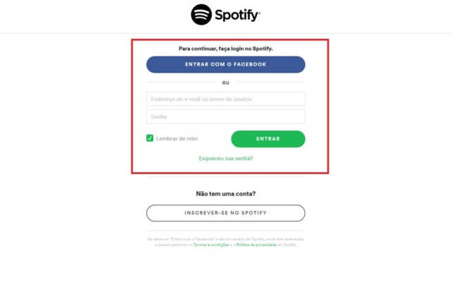 Coloque os dados da sua conta no Spotify
