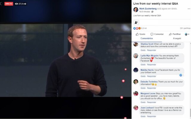 Sessão foi transmitida na noite dessa quinta-feira, 3, pela página pessoal de Mark Zuckerberg