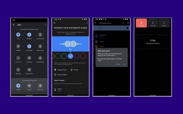 O sistema operacional Android 11 do Google inclui os controles usuais do smartphone para coisas como personalizar seus ícones de configurações rápidas e voz do Google Assistant, bem como recursos como usuários convidados e o novo menu Power