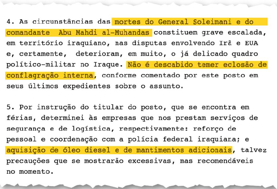 Telegrama: Risco de guerra. Compra de combustível e comida.