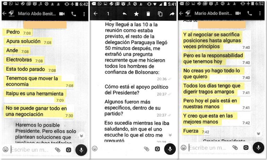 Algumas das mensagens que mario Abdo Benítez teria enviado para Pedro Ferreira sobre a negociação de Itaipu