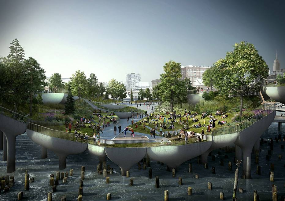 Uma visão artística do projeto mostra bacias de concreto sobre pilões plantados no Rio Hudson, que conferirão ao Pier 55 seu design inusitado.