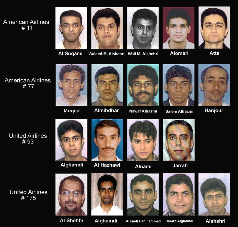 Montagem do Departamento de Justiça dos EUA com os terroristas responsáveis pelos ataques de 11 de setembro de 2001: quase todos tiveram contato com Zammar