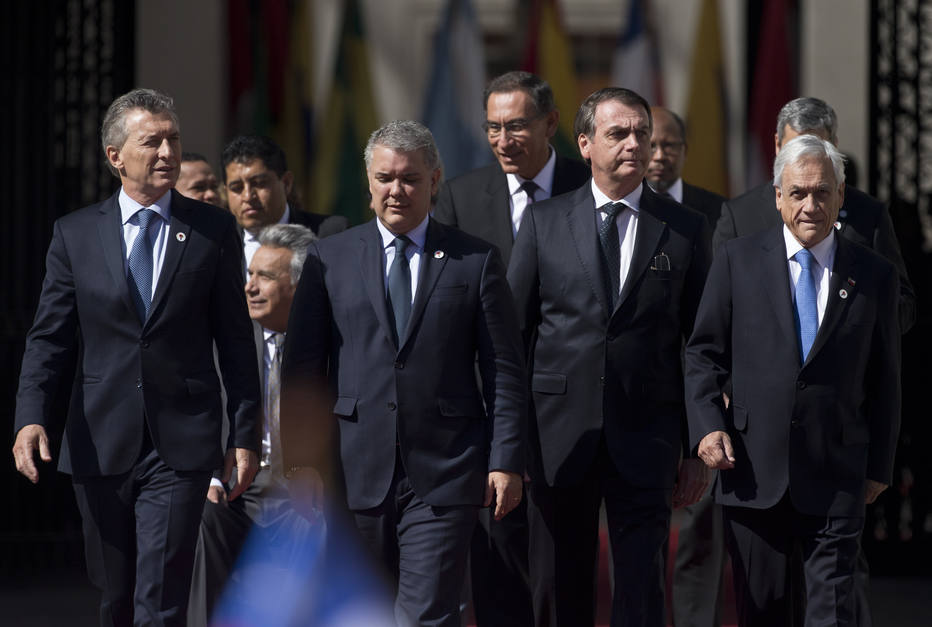 Sebastián Piñera, Mauricio Macri, Lenín Moreno, Ivan Duque, Martín Vizcarra e Jair Bolsonaro em cúpula no Chile