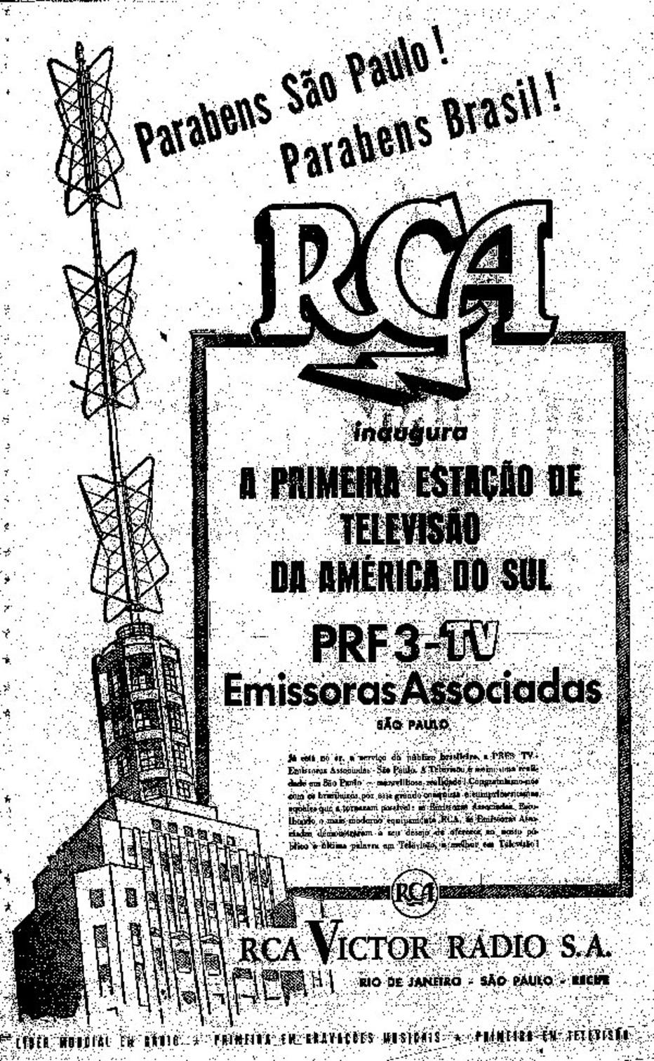 Anúncio publicado no Estadão em 1950, celebrando a inauguração da TV Tupi