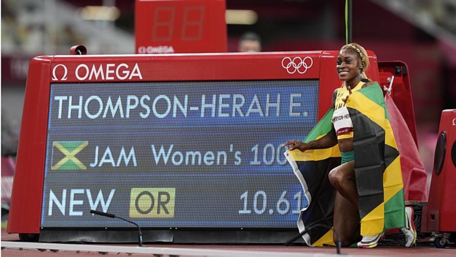 Elaine Thompson-Herah foi ouro nos 100 metros e ainda bateu o recorde ol&iacute;mpico
