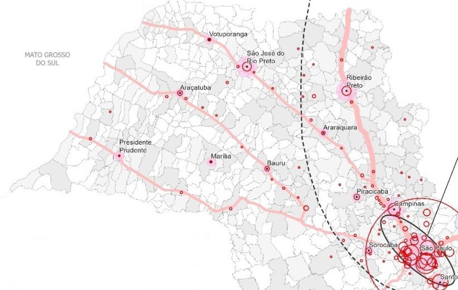 Mapa elaborado pela Unesp mostra a distribuição do vírus no Estado de São Paulo ao longo dos eixos rodoviários