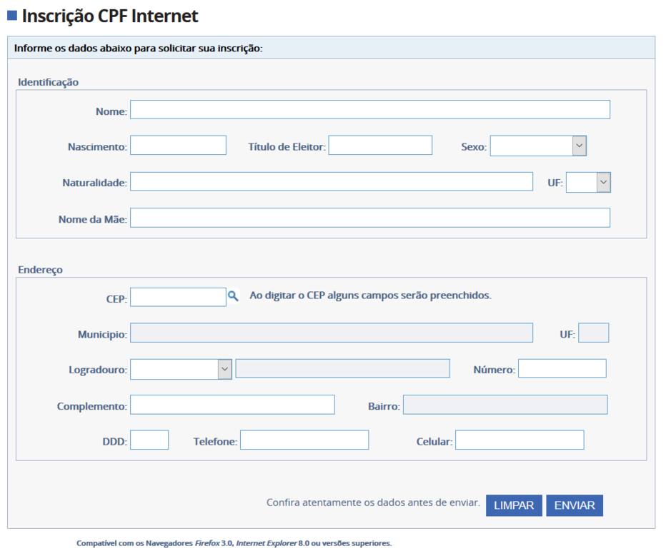 Pedido para solicitar criação de CPF pelo site da Receita Federal.