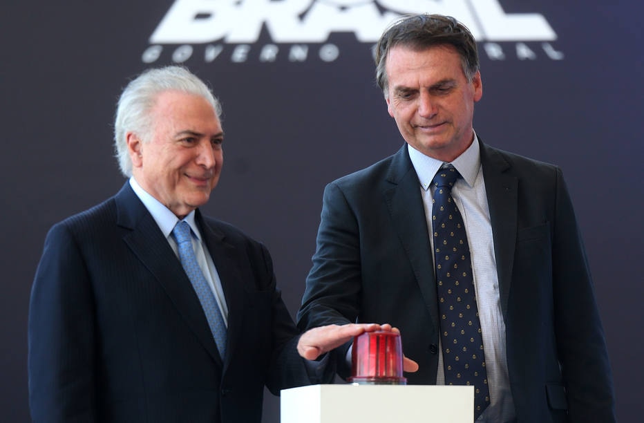 Michel Temer e o presidente Jair Bolsonaro, em evento em 2018, no Rio de Janeiro 