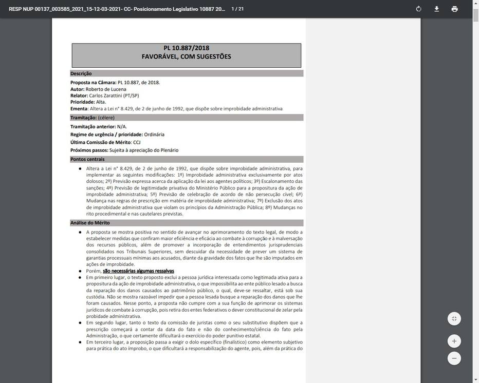 Parecer da Casa Civil sobre mudança na lei de improbidade