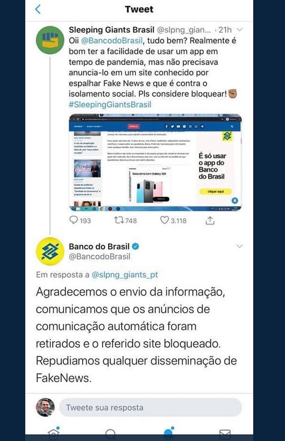BB retira anúncio de site, diz que não apoia ‘fake news’, e toma bronca de Carlos Bolsonaro
