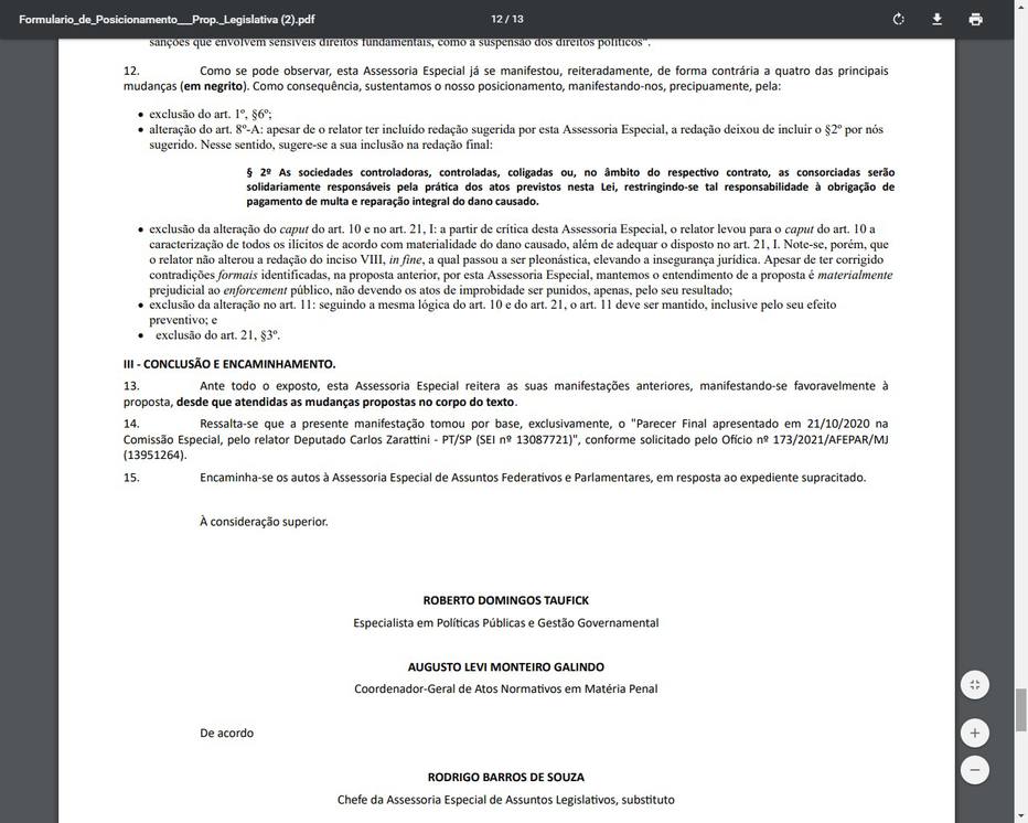 Parecer do Ministério da Justiça
